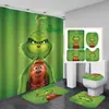 Juego de cortina de ducha impermeable con temática de Grinch, incluye cuatro piezas: cortina de ducha de poliéster, juego de baño impermeable y resistente al moho, y alfombrilla de baño