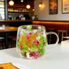 Taza de vidrio de doble capa con flores secas incrustadas, taza de cuerpo grande con asa, taza creativa de moda para café y leche con flor eterna para el hogar