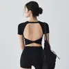 Top deportivo de verano para mujer sin espalda con copas fijas, hermoso diseño de espalda, ropa para Pilates y yoga, de manga corta, se puede usar al aire libre, ropa de fitness de secado rápido