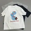 Camiseta de Verano Nueva para Mujer con Estampado de Bordado Casual de Dibujos Animados Oso Pequeño Tomate, Top Versátil de Cuello Redondo de Corte Holgado