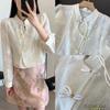 Textura plisada nuevo estilo chino jacquard oscuro tres granos hebilla pequeña cuello mao pequeño manga abullonada camisa S0314Z