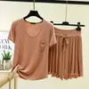 Camiseta de Modal con Cuello Redondo, Bolsillo y Manga Corta, Conjunto de Dos Piezas de Pantalones Cortos de Encaje con Cordones, Cintura Alta y Volantes, Delgado, Talla Grande, Ropa de Casa