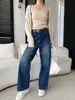 Jeans Sinan Outono Novo Estilo Fashion Ripped Vintage de Cintura Alta Perna Larga Reto com Cinto SN9170