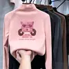 Camiseta base casual de forro polar con cuello alto medio para niña para otoño e invierno, ropa interior cálida de manga larga con forro de forro polar de dibujos animados para niños mayores