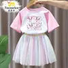 Conjunto de vestido de manga corta Pokémon Hada Eevee, camiseta de verano estilo coreano para mujer con una falda de malla de longitud media, estilo princesa