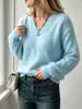 Suéter de punto de lana con cuello en V para mujer, superventas transfronterizo de otoño e invierno, suave y cómodo, adecuado para ir al trabajo, simple y versátil, suéter de punto de color liso