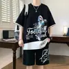 Conjunto Casual Color Block para Hombre Verano Tendencia Camiseta Manga Corta Shorts Holgado Tallas Grandes Conjunto de Una Pieza Estilo Hong Kong Guapo Conjunto de 2 Piezas