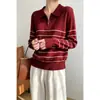 Tiro real chic coreano otoño e invierno francés reductor de edad cremallera media apertura cuello polo manga larga a rayas tejido de punto camiseta base top