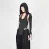 Moda Feminina Nova 2025 Primavera e Outono Novo Tendência Manga Longa com Capuz Estilo Harajuku Alças Finas Slim Top