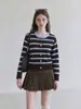 Cardigan Tricotado Listrado Colorido Contrastante Gola Redonda Manga Longa Feminino 2026 Outono Novo Estilo Coreano Peça de Roupa Petite Top de Temperamento