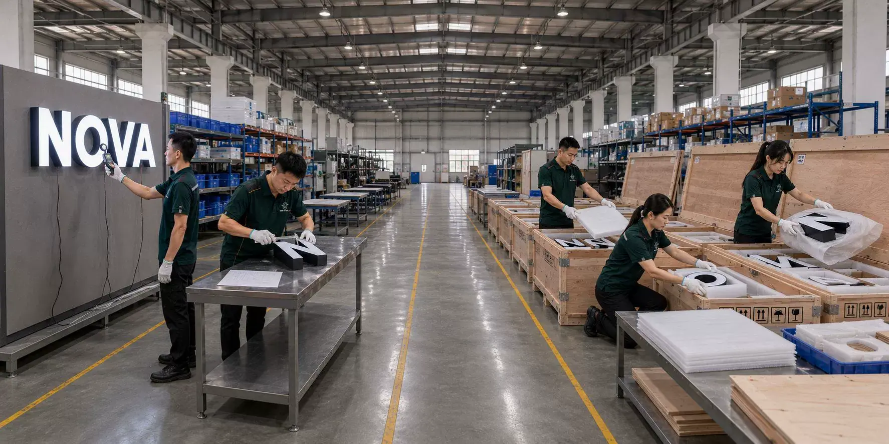 MEN-SIGN分区车间内进行发光字光效检测、尺寸复核、防护包装与出口木箱装箱｜Signage quality inspection and export packing workflow