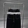 Primavera 2025 Nuevo Estilo Americano Sentido de Diseño Retro Puntadas de Nicho Encaje Jeans Pantalones Anchos Holgados para Mujer