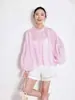 Camisa Branca de Renda Nanyou Quality 2026 Primavera Nova Estilo Francês com Mangas Bufantes Soltas e Bordado Vazado