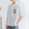 Camiseta de Lino para Hombre de Manga Corta con Cuello Vertical, 7 Siete Mangas, Verano, Media Manga, Informal de Moda, Holgada, Top de Algodón y Lino
