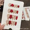 Uñas Portátiles de Lujo Hechas a Mano Aomian con Perlas de Vidrio Color Vino Tinto, Circonita Ojo de Gato y Diseños Florales Pintados a Mano con Chapado en Oro
