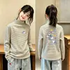 Camiseta Base Feminina de Veludo Alemão Dupla Face Outono/Inverno Novo Estilo Bebê Listrada Gola Meia-alta Top Outono/Inverno Roupa Íntima Manga Longa