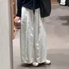 Calça Branca 3D na Cintura, Sarja de Alta Densidade com Caimento Fluido, Tamanho Grande, Emagrecimento, Modelagem Solta, Calça de Pierna Larga Casual para Trabalho