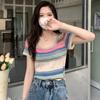 Camiseta de Rayas Transversales para Mujer Verano Tejido Manga Corta Ropa Estilo Nuevo Top Corto Diseño Nicho