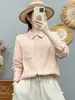 Camisa de manga larga de gasa de algodón de doble capa estilo japonés para mujer, suave y amigable con la piel, algodón puro, diseño de cuello alto, top con bolsillo grande