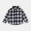 Camisa de Cuadros de Comercio Exterior para Niños Primavera Camisa Bordada de Manga Larga para Niños Top Simple de Cuadros Azules Ropa Infantil al por Mayor