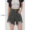 Shorts de Mezclilla Negros y Grises Rasgados de Cintura Alta para Mujer Verano Nuevo Talla Grande mm Gorditas Sueltos Aspecto Adelgazante Línea A Pierna Ancha Pantalones Cortos