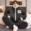 Pijama com Zíper Masculino Outono Inverno Coral Fleece Espessado Mais Veludo Quente Jovens Cardigan Roupas de Casa Conjunto Casual Masculino