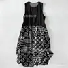 Vestido Casual de Algodão Puro com Estampa Digital Nova, Gola Redonda, Sem Mangas, Comprimento Médio, Para Mulheres, Verão na Praia