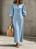 Roupas Femininas Estilo Europeu Transfronteiriço Outono Inverno Vestido Longo Mangas Bufantes Decote V Botões Casual Estilo Férias Multicor Vestido com Bolso