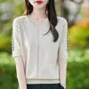 Camiseta de mujer con cuello en V, estilo Andy, nueva colección de verano, top de punto de manga corta, corte holgado, moda femenina transfronteriza, suéter de punto