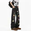 Pantalones Vaqueros Bordados Estilo Americano de Cachorro Dachshund para Hombres y Mujeres, Otoño Azul Lavado Vintage Rectos de Pierna Ancha Tendencia