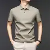 Camiseta Polo Masculina de Seda Gelada Manga Curta Lapela Nova Verão 2025 Casual de Negócios Cor Sólida Sem Costura Top de Pai