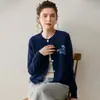 Novo Suéter Elegante 100% Caxemira Pura para Mulheres, Cardigan Tricotado de Gola Redonda Bordado de Botão Único, Suéter Solto Versátil