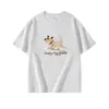 Camiseta blanca de cuello redondo de algodón puro de manga corta para mujer, estilo verano, estampado de perro con hilo de dibujos animados americanos, top holgado informal