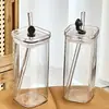 Vaso de Agua Cuadrado con Tapa para Estudiantes, Transparente Sencillo para el Hogar, Taza Portátil de Vidrio de Borosilicato Alto para Té de Leche con Popote, Sin Asa