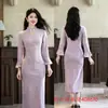 Novo Estilo Chinês Qipao Melhorado Longo Preto Jacquard Gola Gota d'Água Punhos de Renda Sino Vestido Fonte de Loja Física