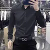 Camisa de manga larga negra de alta gama para hombre, marca francesa, corte slim fit, alta elasticidad, cuello de solapa, camisa casual, nuevo modelo de primavera