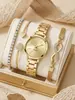 Reloj de Lujo Ligero para Mujer Juego de Cuatro Piezas Movimiento de Cuarzo Correa de Aleación Esfera Redonda + Pulsera en Forma de Corazón Exclusivo Transfronterizo