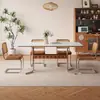 Mesa de Comedor Moderna Minimalista de Pizarra, Rectangular, Madera Maciza, en Color Crema, con Almacenamiento para Sillas y Taburetes, Estilo Francés