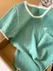 Camiseta Redonda de Manga Curta com Gola Redonda, Color Block em Cores de Nicho Inspiradas em Design, Bordado de Laço, Caimento Ajustado, Top de Malha de Seda Gelada para Mulheres