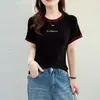 Camiseta de Manga Corta de Verano para Mujer, Camisa Básica de Cuello Redondo Bloque de Color, Mariposa con Pedrería Ajustada, Favorecedora, Hombro Normal, Top Popular para Mujer