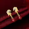 Aretes Originales de Caballo de Buena Suerte Cinnabar para Mujer Plata Esterlina Retro Nuevo Año del Zodiaco Chino Año del Caballo Aretes de Unicornio Joyería para Orejas