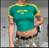 Moda Casual Americana de Verão Tendência Slim-fit Blocos de Cor Estampa de Letras Gola Redonda Manga Curta Ombro a Ombro Desgaste Transfronteiriço