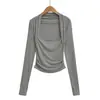 Ay729-25 Nuevo Estilo Otoño Estilo Europeo y Americano Sexy Chica Caliente Cintura Pellizcada Mangas Ajustadas Manga Larga Plisado Top Camiseta