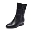 Botas de tacón grueso a media pantorrilla, otoño e invierno 2023, Zapatos de algodón acolchado con forro polar para mujer, Botines de tacón medio con punta, Zapatos de piel auténtica de otoño
