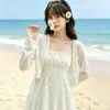 Ropa de Protección Solar de Encaje para Mujer en Verano, Combinada con una Falda de Tirantes, Chal, Cárdigan, Cubierta Exterior, Abrigo Corto Transparente, Ropa de Protección Solar