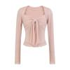 Conjunto de Dos Piezas de Encaje con Lazo y Cinta, Camisola Corta de Manga Larga, Chal