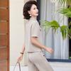Conjunto de Manga Curta Fashion para Mulheres Verão 2025 Roupa para Mãe Camiseta com Lapela Conjunto para Meia-Idade Calça Reta Conjunto de Duas Peças