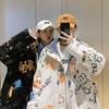 Jaqueta Casual Masculina de Lã de Cordeiro, Dupla Face, Versátil, Moda, com Zíper, Estampa Completa Graffiti, Jaqueta de Desenho Animado, Bonita
