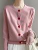 Sweet Style Andy Velvet Crewneck Cardigan de malha Primavera Novo Amor Botão Design Sense Feminino Manga Longa Top Jaqueta