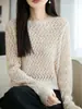 Lana finamente hilada, cuello redondo, simple y versátil, con un patrón ondulado de punto calado, mangas largas transpirables, estilo jersey, top casual de primavera/otoño para mujer